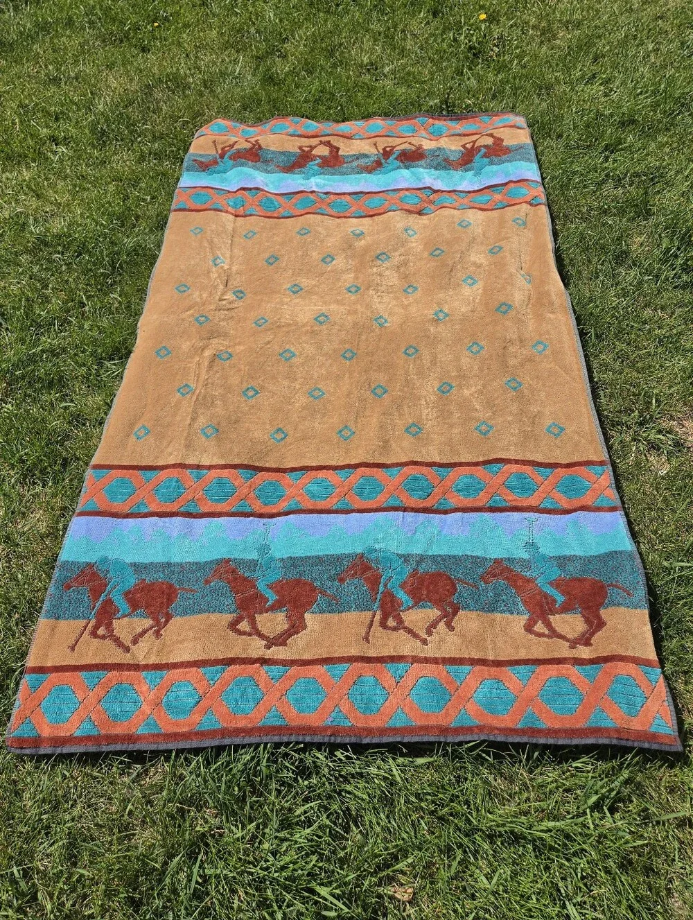 VTG Royal Terry Beach Towel Polo Players Equestrian Horse Scene Camel Teal